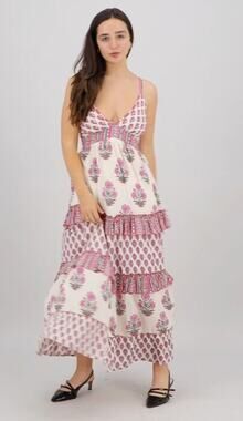 Ananta Saphira Pink Block Print Tiered Maxi Dress L/XL NWT - Coastal Romance